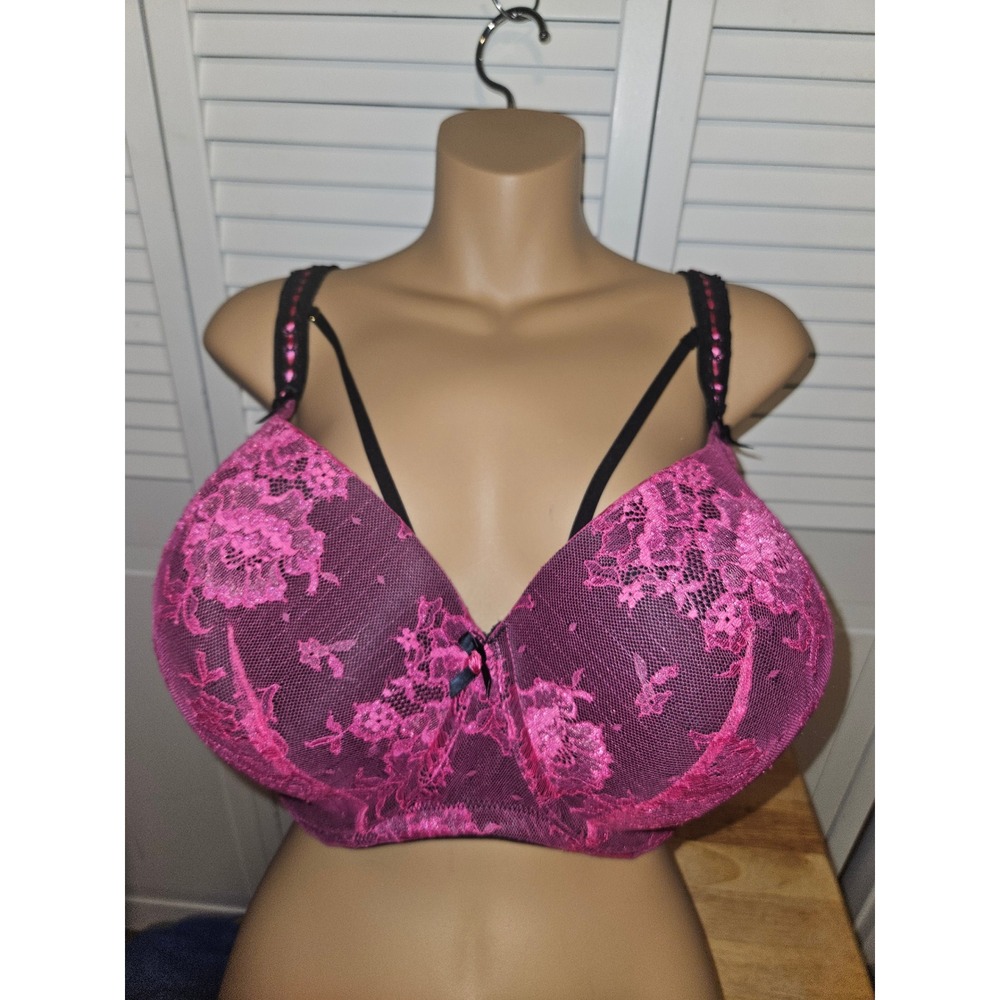Cacique Pink Floral Lace Strappy Underwire Full Coverage Bra 46DDD Black